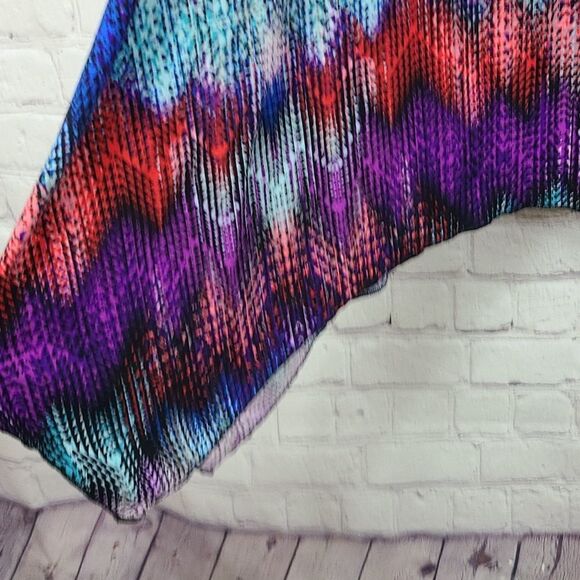 Hot Kiss 1X Colorful Abstract Chevron Sharkbite Flowy Knit Midi Skirt High-Low - Picture 3 of 8